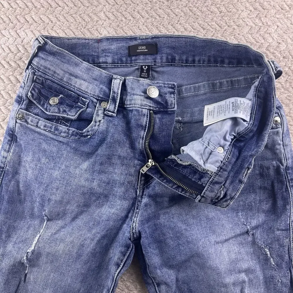 True Religion‎ Jeans Mens 32x34 Blue Geno Relaxed Slim Flap Pocket Distressed